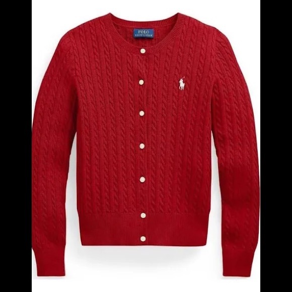 Ralph Lauren Cable Knit Button Up Cardigan Sweater in Dark Red